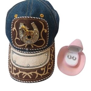 Western Ball Cap & Earring Set Girls Denim Cowgirl Horseshoe Horse Hair Gems